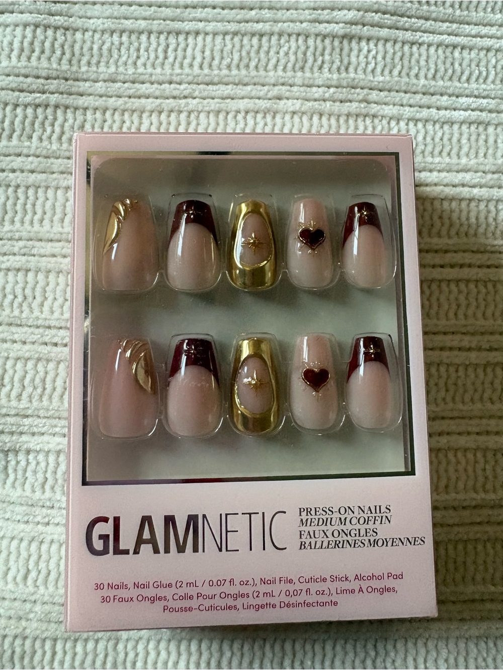 Glamnetic Press-On Nails Set - Pink, Gold & Burgundy Medium Coffin